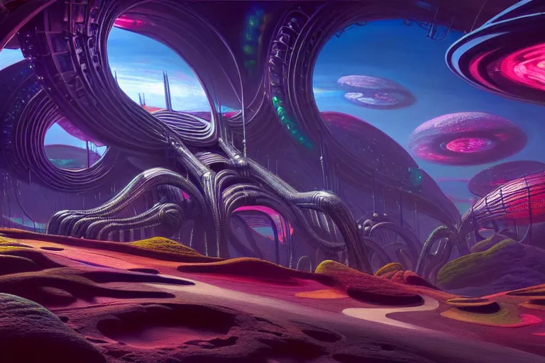 Image similar to a beautiful painting of an elaborate utopian sci - fi scene painted by hr giger and lisa frank, detailed, unreal engine, 4 k octane render, raytracing, volumetric lighting, epic, shadows,