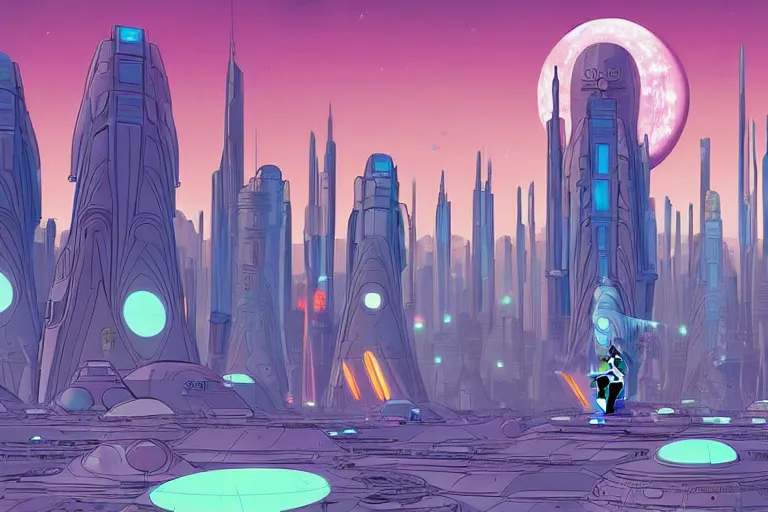 Image similar to a scifi illustration, Galactic City on Coruscant. flat colors, limited palette, heavy line work in FANTASTIC PLANET La planète sauvage animation by René Laloux