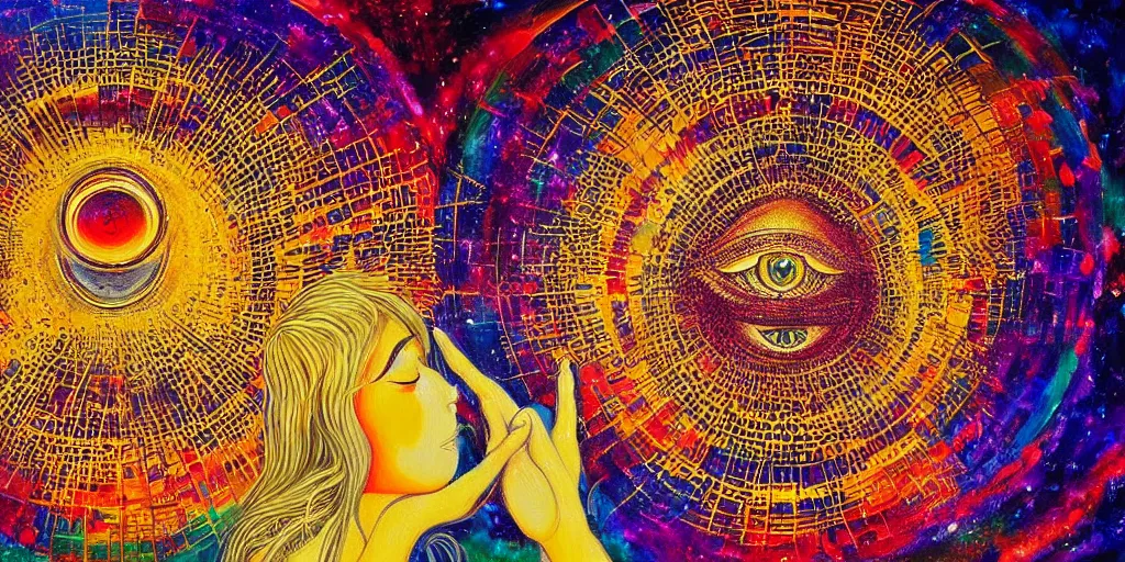 Prompt: people being overcome by love, golden hour, all seeing eye, protection, forcefield, aura, dripping colors, vibration of love, detailed painting by painting by tokio aoyama