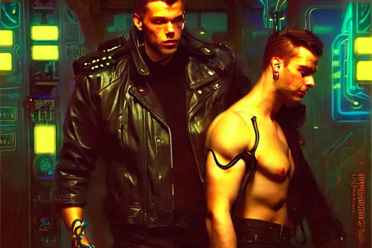 Prompt: cyberpunk style, attractive male, neon lights, painting by gaston bussiere, craig mullins, j. c. leyendecker, tom of finland