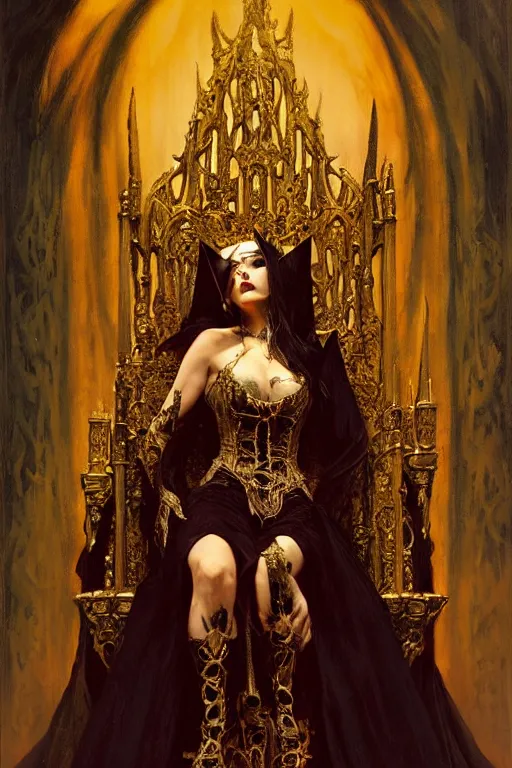 Image similar to perfectly centered portrait of beautiful vampire queen in gold gothic robe sitting on a throne of bones, painting by gaston bussiere, craig mullins, j. c. leyendecker, 8 k, mid shot
