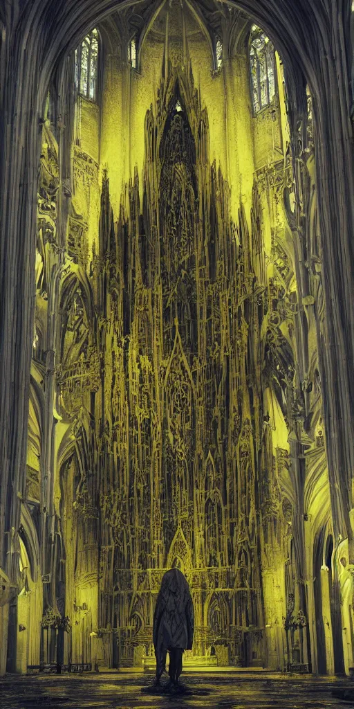 Image similar to a tall towering huge pale human wearing a yellow garment sitting upon an ornate stone throne, 4K, digital art, lovecraftian, artstation, horror, dramatic, wearing a long yellow rotting garment, dark, hyperrealistic, perspective, complex (((dark))) cathedral background with volumetric lights coming in through cathedral windows, dark background, highlights,