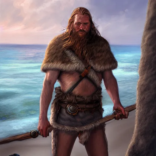 Image similar to portrait of a viking, male standing on the beach facing camera, epic fantasy, detailed, intricate, digital painting, concept art, realistic, smooth, focus, rim light