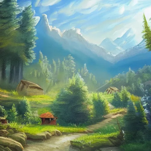 Image similar to painting of a landscape that you usually find in restrooms, cheap hotels or pizzerias, bought on aliexpress, definitely not trending on artstation, highly detailed anyway, 4 k