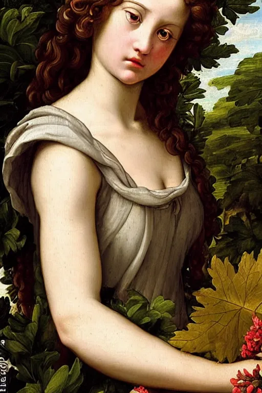 Image similar to renaissance painting of young girl in the garden, closeup, curly long hair, face closeup, emotions closeup, dressed in roman armour, the beautiful garden with maple leaves everywhere, ultra detailed, art by guido reni style, vincenzo catena style