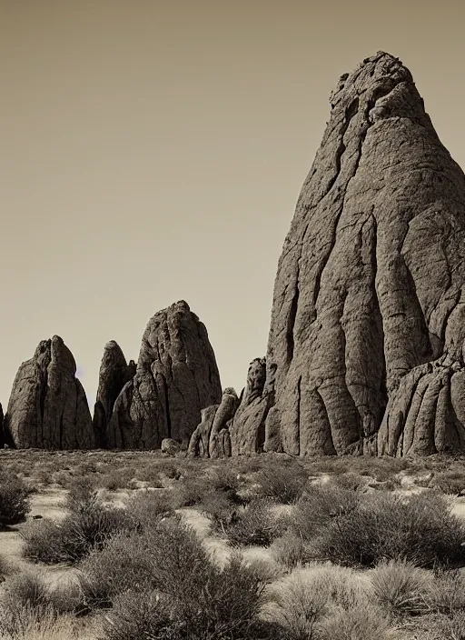 Prompt: Towering badland rock formations protruding out of lush desert vegetation, albumen silver print by Timothy H. O'Sullivan.