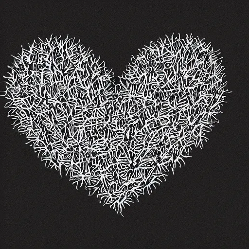 Image similar to black and white drawing of a heart covered with thorns, very contrasted