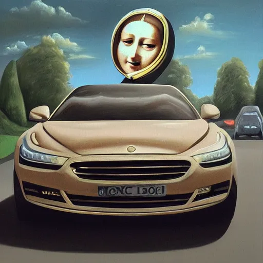 Image similar to monalisa in a gucci car, oil painting, ultradetailed, artstation, ultradetailed, digital painting, ultradetailed