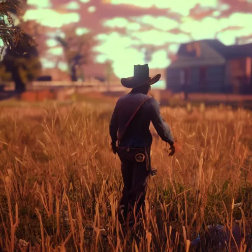 Image similar to zombie, bokeh dof, professional, dreamy, cute, 4 k, sunset, award winning, cute, disgusting, funny, sad, upset, jambalaya, red dead redemption 2