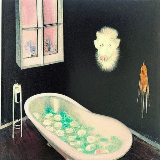 Image similar to “a portrait in an art student’s apartment, a feminine pig in a bubble bath, pork, ikebana white flowers, white wax, squashed berries, acrylic and spray paint and oilstick on canvas, by munch and Dali”