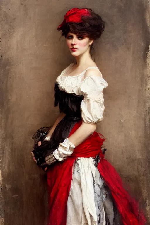 Image similar to Solomon Joseph Solomon and Richard Schmid and Jeremy Lipking victorian genre painting full length portrait painting of a young beautiful woman traditional german french actress model pirate wench in fantasy costume, red background