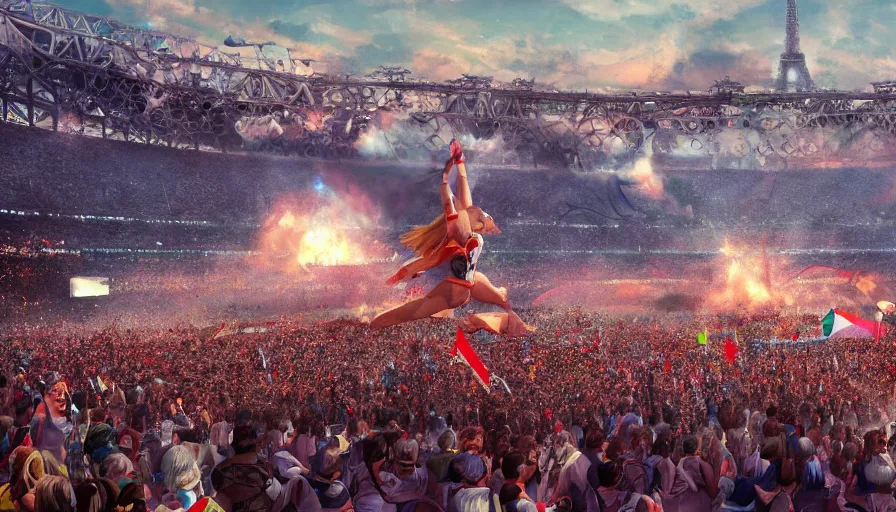 Prompt: olympic games in paris, with giant glass stadium near eiffel tower, opening ceremony on the scene, huge crowd, sunny day, party, hyperdetailed, artstation, cgsociety, 8 k