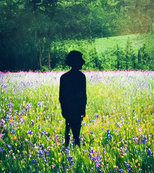 Prompt: shadow person figure standing at distance in beautiful meadow of flowers, film photo, grainy, high detail, high resolution