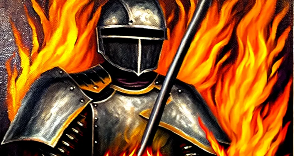 Image similar to An oil painting of a knight in dark metal armor wielding a flaming sword