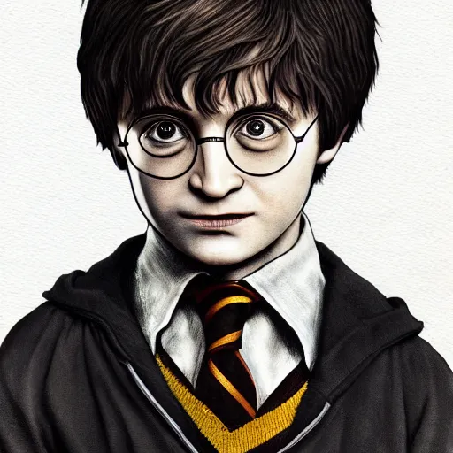 Prompt: a close up portrait of harry potter as a 10 years old, art station, highly detailed, focused gaze, concept art, sharp focus, illustration in pen and ink, wide angle, by Kentaro Miura