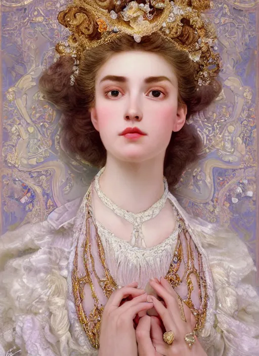 Prompt: high intricate porcelain baroque stunning woman, lace collar, string of pearls, bird feathers, 8 k, glitter skin very white hyperrealistic hyperdetailed pastel maria panfilova, andrea savchenko, sensual mike kime, ludovic plouffe, qi sheng luo, oliver cook, by alphonse mucha, trending on artstation