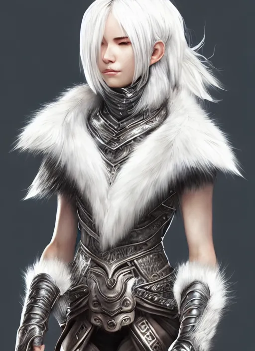 Prompt: warrior, fur - lined wolf armor!!! gorgeous and elegant white hair female!! monster hunter!! character concept art, sharp focus, octane render! unreal engine 5! highly rendered!! trending on artstation!! detailed linework!! illustration by artgerm, wlop, and chie yoshii