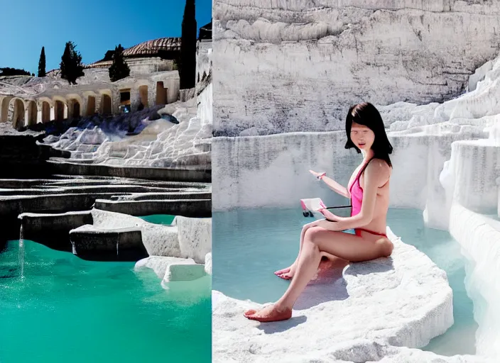 Image similar to Lee Jin-Eun hacking a laptop at Pamukkale, thermal waters flowing down white travertine terraces by Martine Johanna, rule of thirds, seductive look, beautiful, refined