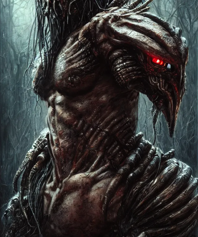 Prompt: a portrait of the predator by chris ayers, oil on canvas, deep depth field, masterpiece, by luis royo, trending on artstation, featured on pixiv, cinematic composition, hyper - detailed, hd, hdr, 4 k, 8 k