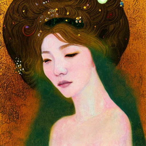 Image similar to a portrait of a very beautiful goddess with halo behind her head, in the style of WLOP and Hsiao-Ron Cheng and Gustav Klimt