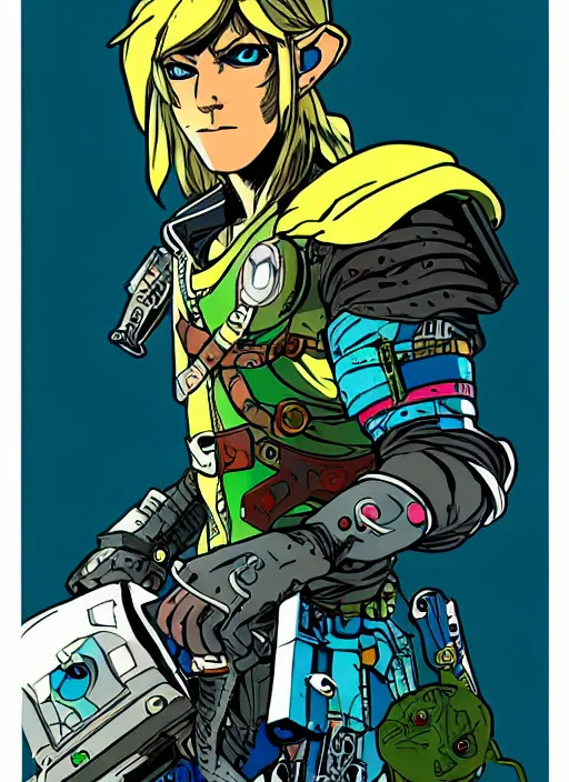 Prompt: cyberpunk link from zelda!! cyborg portrait illustration, pop art, splash painting, art by geof darrow, ashley wood, alphonse mucha, makoto shinkai