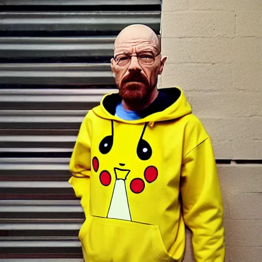 Prompt: walter white wearing pikachu hoodie