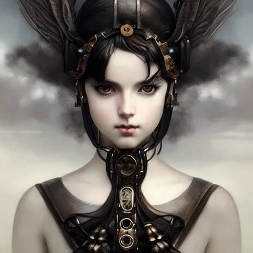 Image similar to By Tom Bagshaw, ultra realist soft painting of an fine steampunk anime porcelain miniature fully armored figurine long hair floating, curiosities carnival, symmetry accurate features, very intricate details, masterpiece sky, black and white, volumetric light clouds