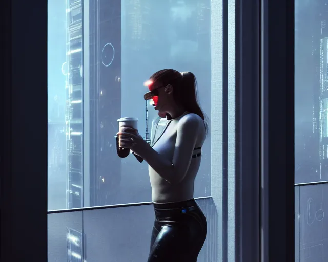 Prompt: a soft photo of a lifelike terminator cyborg lady with borg implants and optical fibers is drinking coffee near a window with dystopian city visible outside. very detailed 8 k. cyberpunk style. unreal engine render. global illumination. nanite. rtx. path tracing.