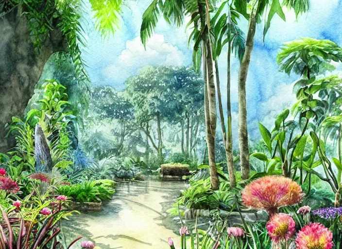 Prompt: jungle park landscape scene, serene, peaceful, paths, water on one side, exotic flowers, stone statues, beautiful clouds, plantlife, dappled sunlight, rolling expanse, by james gurney, beth sobel, cell shaded illustration, watercolor, realistic, enchanting, inviting