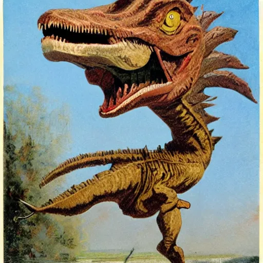 Image similar to jules vern riding a velociraptor