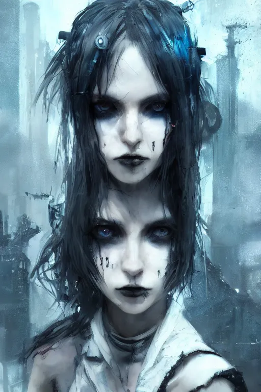 Prompt: gothic cyberpunk girl, post apocalyptic dystopian landscape, heavy blue eye makeup, half body portrait, melancholic expression, gloomy vibes, evanescence, gritty, anime, ruan jia, artstation