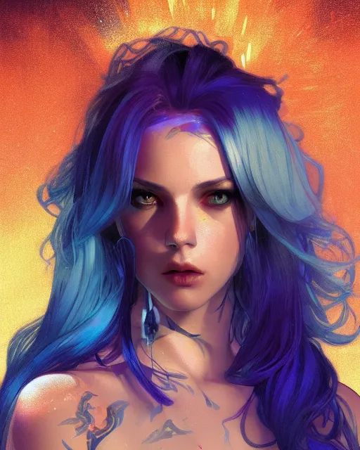 Image similar to pretty girl with blue hair, dj girl, in a club, laser lights background, sharp focus, digital painting, 8 k, concept art, art by wlop, artgerm, greg rutkowski and alphonse mucha