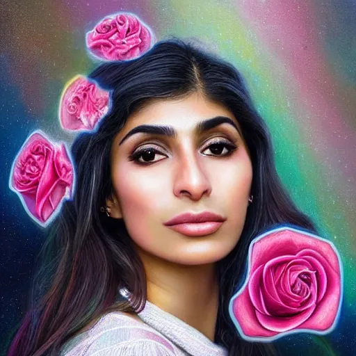 Prompt: dream portrait of Mia Khalifa, dreamy and ethereal, expressive pose, big pink eyes, exciting expression, fantasy, intricate, elegant, many rainbow bubbles, rose tones, highly detailed, digital painting, artstation, concept art,cyberpunk wearing, smooth, sharp focus, illustration, art by artgerm and greg rutkowskiand alphonse mucha,Salvador Dali.