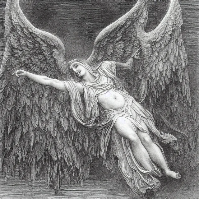 Prompt: fallen angel, pencil illustration by Gustave Dore