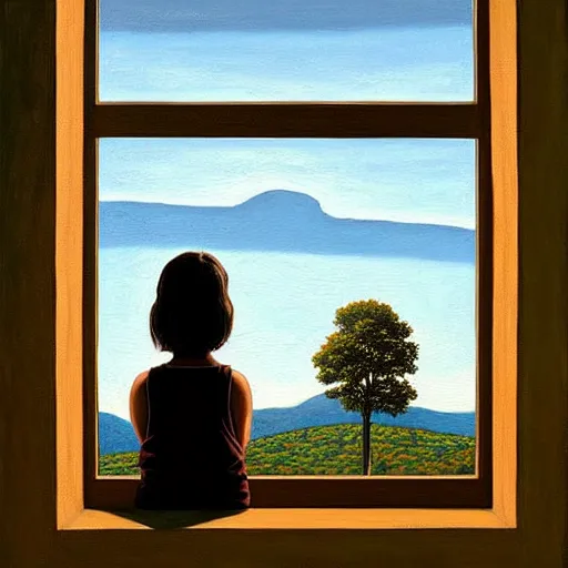 Prompt: a girl pensively looking out the window, painting by jeffrey smith