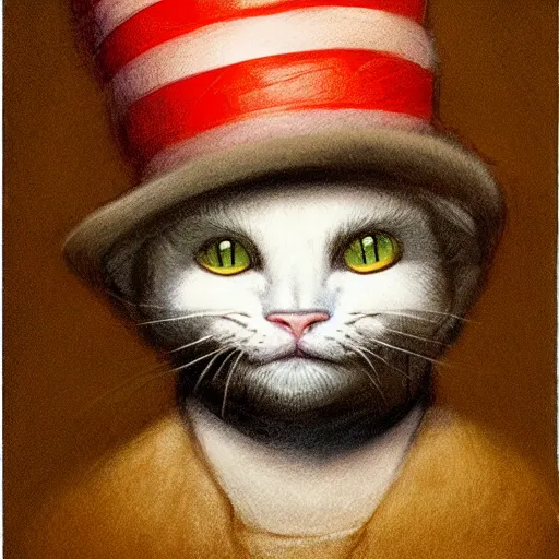 Prompt: mike myers as the cat in the hat painted by brian froud, side - lit, sepia - toned