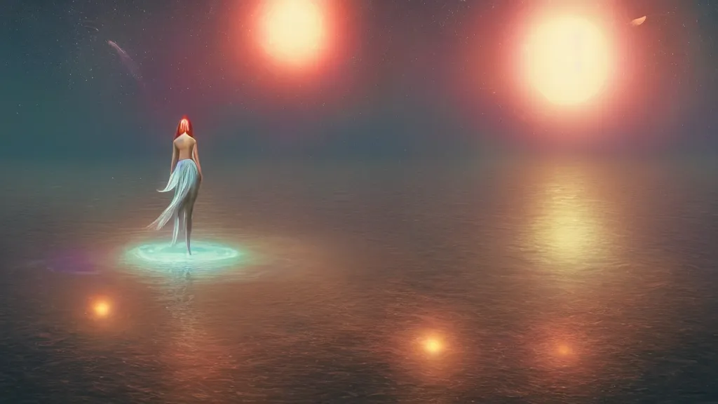 Image similar to a beautiful whimsical woman standing in a lake basking in the moonlight, underneath a multi-colored binary blackhole with an accretion disc, timelapse, by Lois van Baarle, by Greg Rutkowski, by artgerm, by beeple, cinematic angle, volumetric lighting, 4k resolution, octane render, trending on artstation, masterpiece