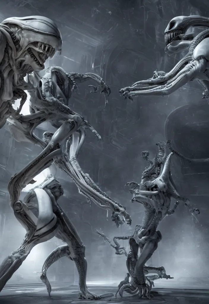 Image similar to a young girl fighting a white xenomorph in the thigh corridors of the covenant vessel, extremely realistic and highly detailed 8 k, sharp focus, mysterious atmospheric lighting, octane render, dramatic volumetric lighting, golden ratio, extremely realistic faces