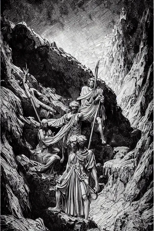 Prompt: colorful!!! dante inferno by laurie greasley and bouguereau, ( ( etching by gustave dore ) ), ultraclear intricate, sharp focus, highly detailed digital painting illustration, concept art, masterpiece