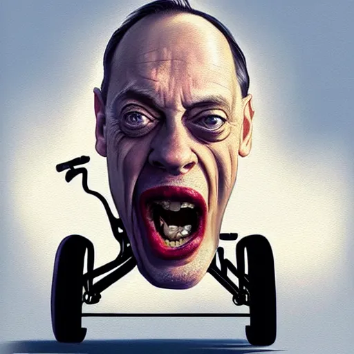 Prompt: hyper realistic absurd, silly, making insane faces, steve buscemi / john waters riding a tiny tricycle, painted by greg rutkowski, wlop, artgerm