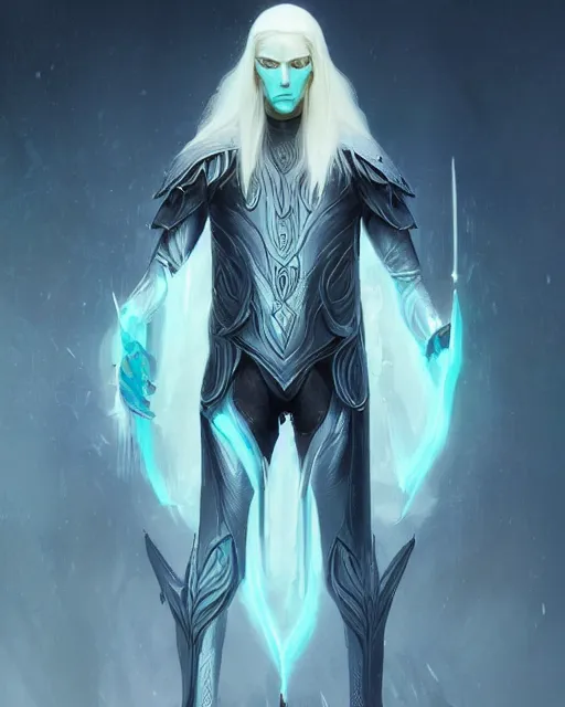 Prompt: character portrait of a slender young half elven man with white hair, piercing turquoise blue eyes, and pale blue skin, wearing sleek black armor, by greg rutkowski, mark brookes, jim burns, tom bagshaw, trending on artstation