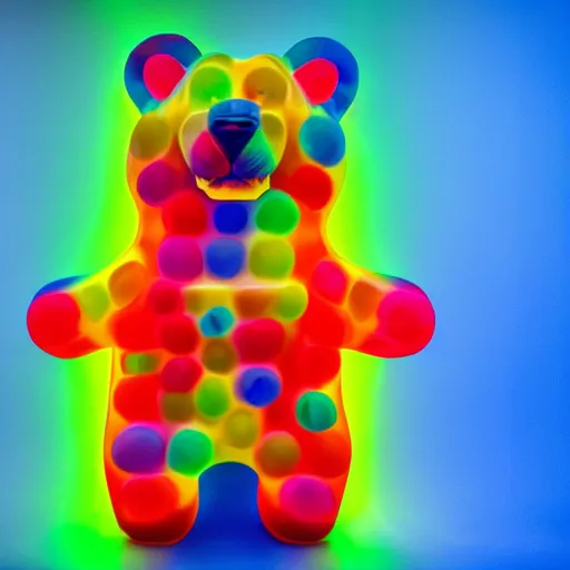 Prompt: high quality photo of a giant gummi bear made in rainbow colors in front of a white background