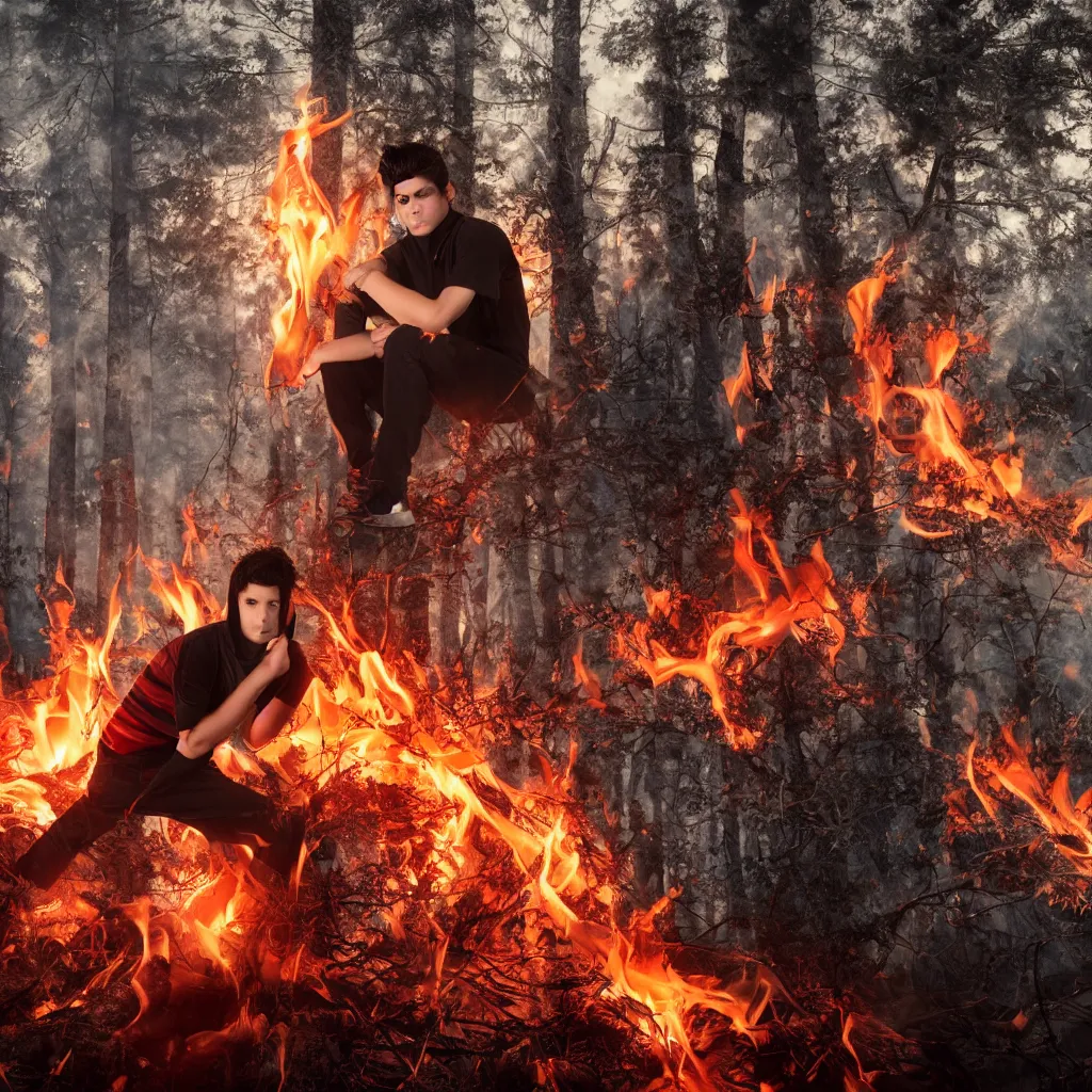 Prompt: male 1 7 year old, black hair with white stripe in middle, angry, surrounded by fire in a forest, red cardinal on his shoulder, portrait 4 k,