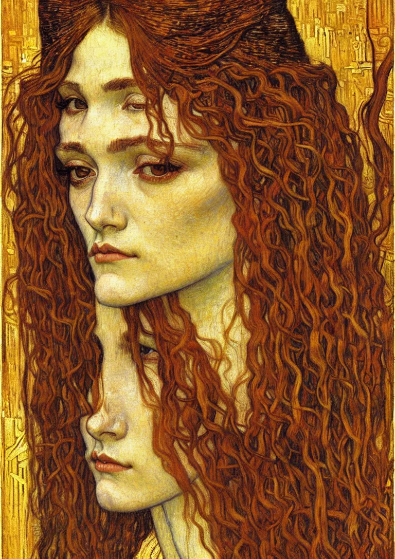 Image similar to detailed realistic beautiful young medieval queen face portrait by jean delville, gustav klimt and vincent van gogh, art nouveau, symbolist, visionary, gothic, pre - raphaelite, muted earthy colors, desaturated