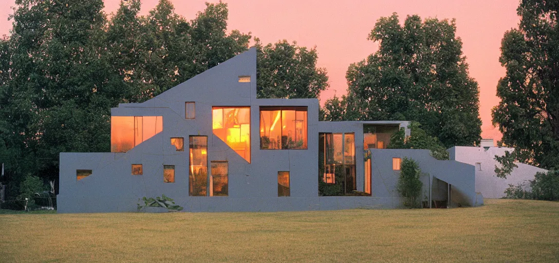 Image similar to house designed by ivan albright at sunset. fujinon premista 1 9 - 4 5 mm t 2. 9. portra 8 0 0.