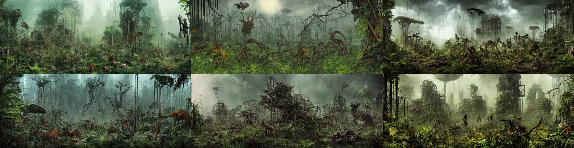 Prompt: dystopian apocalyptic jungle with creatures