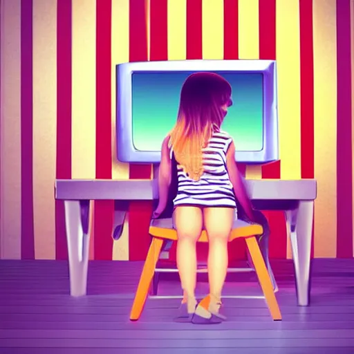 Prompt: digital matte illustration a small girl sitting on a striped chair leaning back watching tv in cyberland - 7 6 8