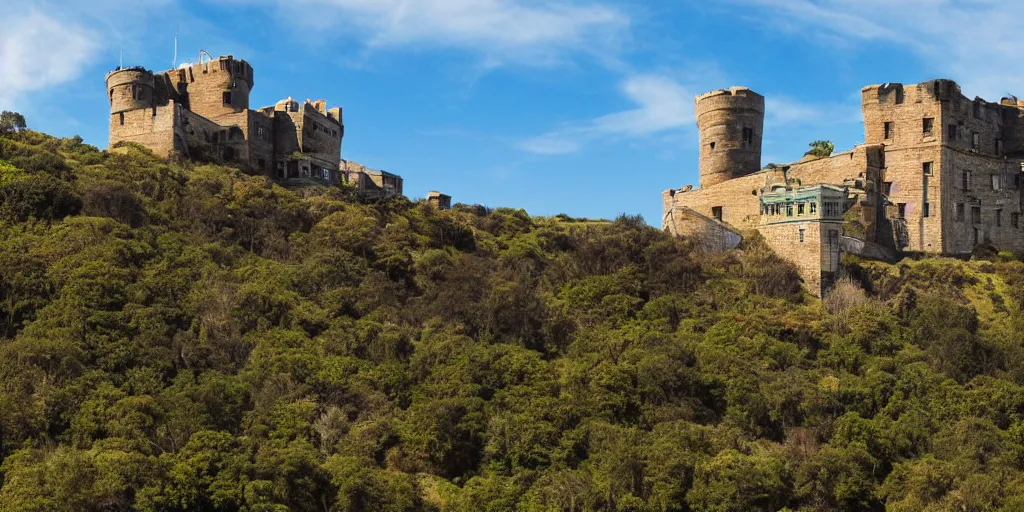 Prompt: photo of a victorian fortress on a hillside, military blue sky, victorian, detailed, architectural photography