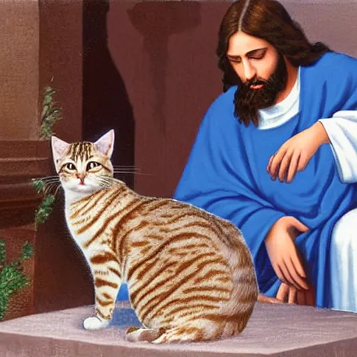 Image similar to Jesus petting a tabby cat, the is cat looking up to him and purrs