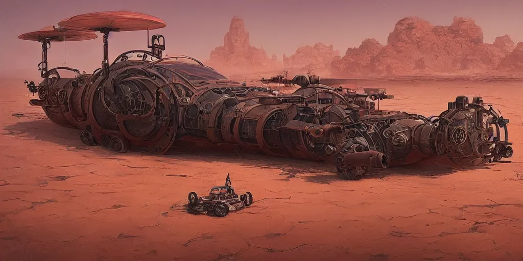 Prompt: steampunk hovercraft in a red desert, greg rutkowski, 8 k, shallow depth of field, intricate detail, concept art,